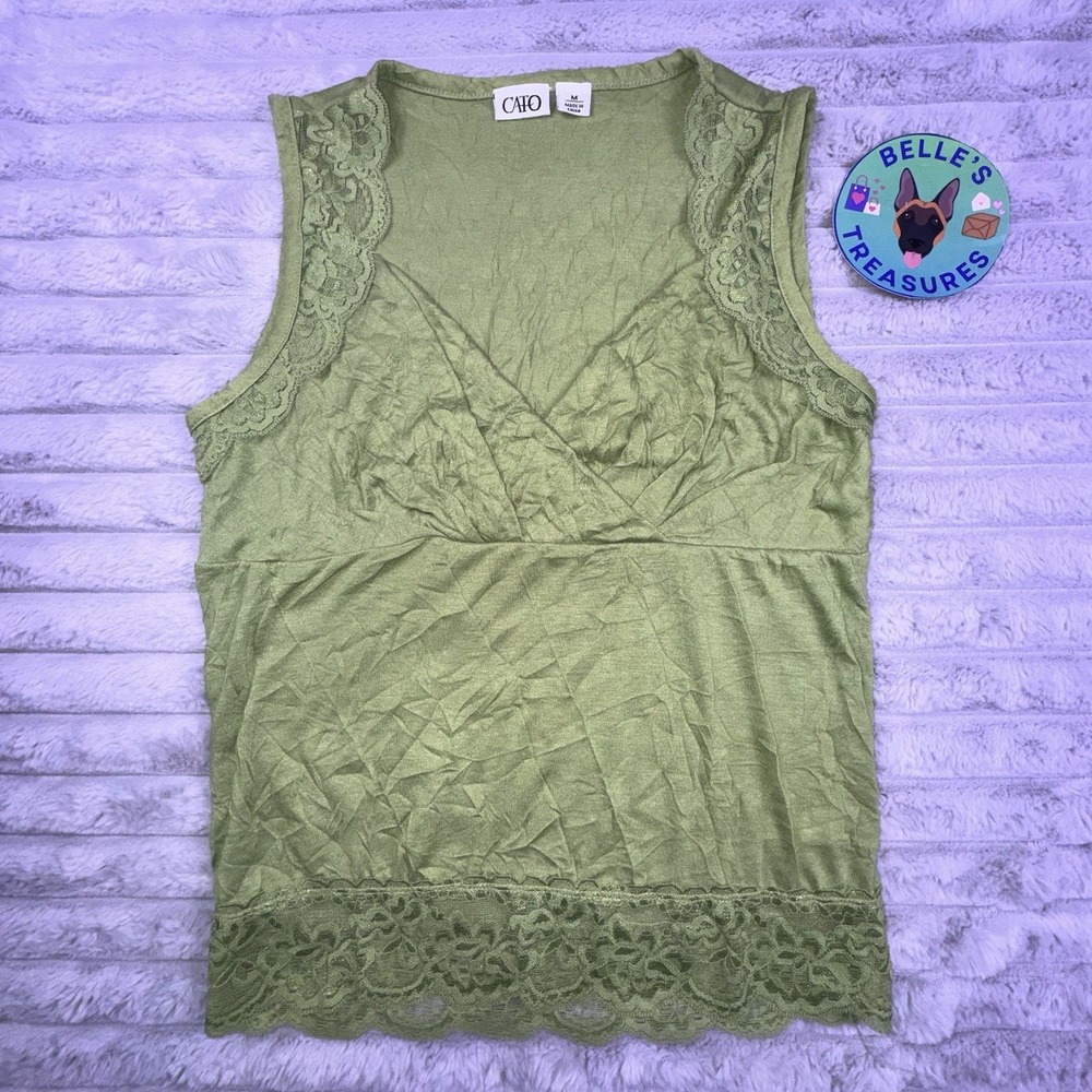 Babydoll Lace‎ Trim Tank Top Women's Medium Green Top Y2K Fairy Grunge Wrinkle